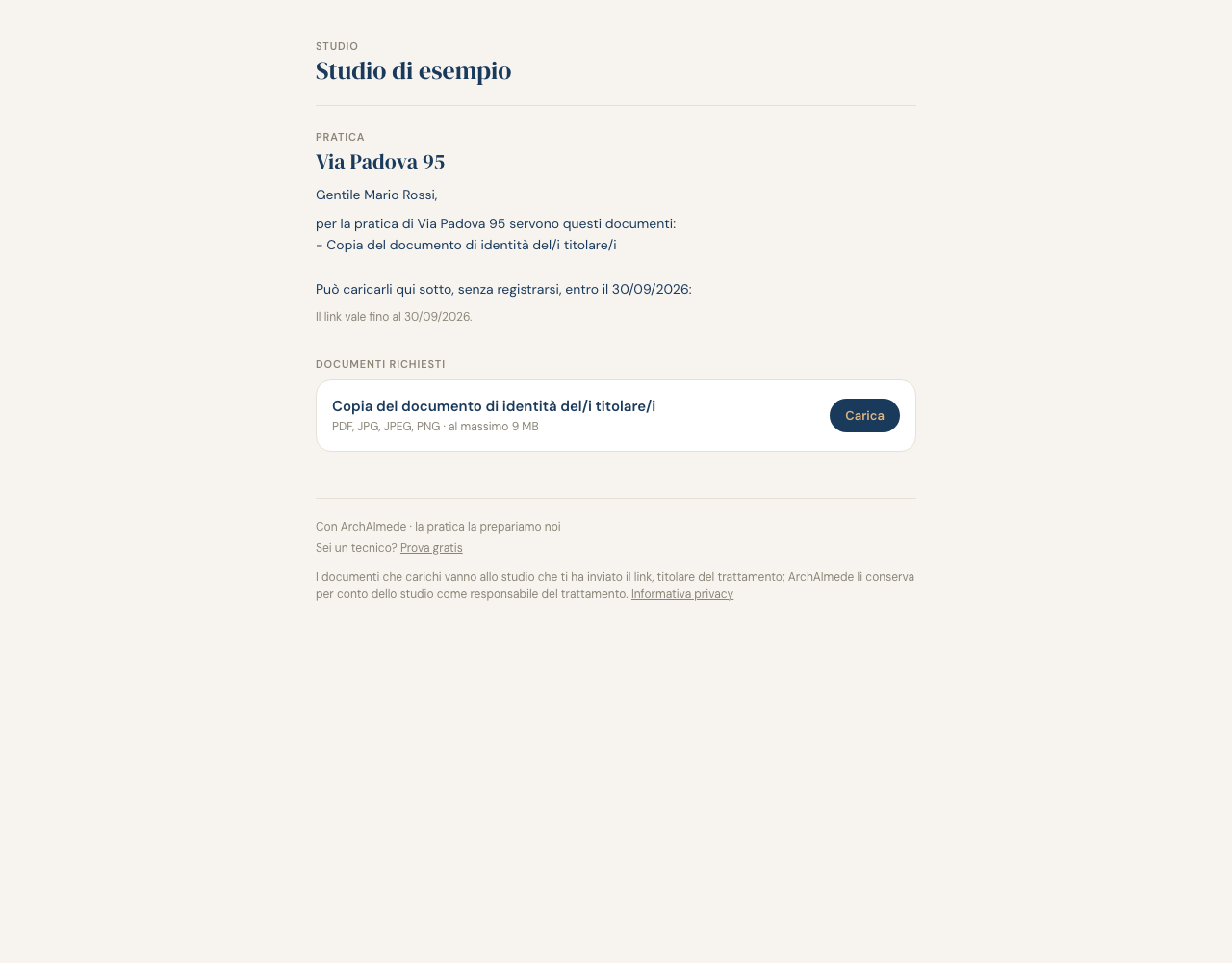 La pagina del cliente: documenti richiesti in sola lettura e accesso per caricare
